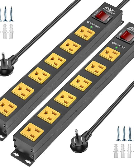 CRST 2Pack 6 Outlet Surge Protector Power Strip 2100J with Switch, 15A/1875W Heavy Duty Mountable Power Strip, Wide Spaced Power Bar for Garage Worshop Home School, 6 FT Cord（ Black+Yellow）