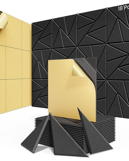 18 Pack Acoustic Panels with Self-Adhesive, 12"X 12"X 0.4"Sound Proof Foam Panels, Sound Panels High Density, Soundproof Wall Panels for Home Studio Office-Black