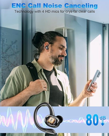 Wireless Earbuds Sport, New Bluetooth 5.4 Headphones with Earhooks, 50H Stereo Deep Bass Over Ear Buds with 4 ENC Noise Canceling Mics, IP7 Waterproof Earphones for Running Workout Gym -Black