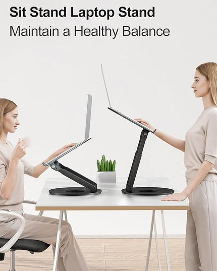 tounee Telescopic Laptop Stand for Desk with 360° Swivel Base, Sit to Stand, Height Adjustable, Portable Riser Holder for Good Posture, Compatible with MacBook Pro, All Laptops 10-17" - Black