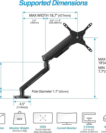 AVLT Single 27”-45” RGB Gaming Monitor Arm Desk Mount Built-in 20 Lighting Modes Touch Button Control Fits Flat/Curved/Ultrawide Screen Height Swivel Tilt Rotation Adjustable Stand -Black
