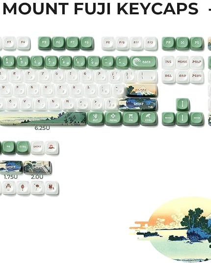 OHY XVX MOA Profile Keycaps Set, Japanese Mount Fuji Theme, 129 - Key White & Green Custom Keycaps with PBT + Frosted Translucent PC Material for US Layout Mechanical Keyboards