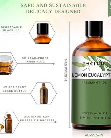 Lemon Eucalyptus 3.38fl.oz Essential Oil, PHATOIL Pure Aromatherapy Oils for Diffuser, Humidifier, Perfect for DIY Soap, Candle, Bath Bombs Making(100ml)