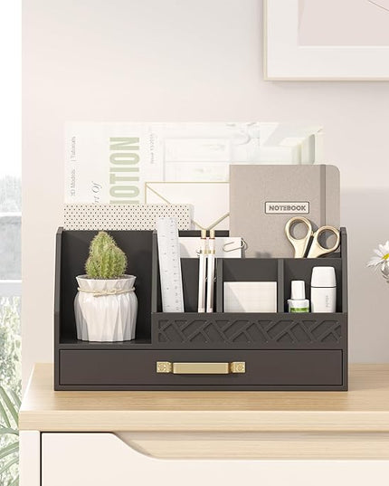 Wisuce Essentials Bamboo Desk Organizer with Drawers, Mail Organizer Countertop Wood Desk Drawer Tabletop Storage Organization Pen Holder Letter Sorter Makeup Organizer for School Home Office (Black)