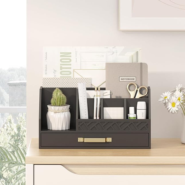 Wisuce Essentials Bamboo Desk Organizer with Drawers, Mail Organizer Countertop Wood Desk Drawer Tabletop Storage Organization Pen Holder Letter Sorter Makeup Organizer for School Home Office (Black)