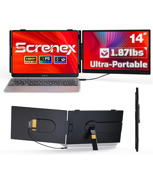 Laptop Screen Extender 0.27" Ultra-Thin, 14" FHD 1080P IPS Lightweight Dual Portable Monitor, USB-C/HDMI Plug & Play for 13-17" Laptops, Travel screen compatible with Windows/Mac/Chrome/Switch/Android