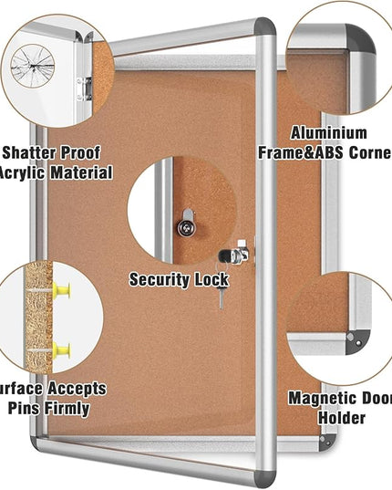 Mifuro 26"x20" Enclosed Bulletin Board, Lockable Weather-Resistant Aluminum Cork Noticeboard for School & Office, Silver Frame w/Cork