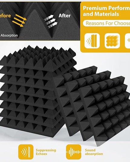 12 Pack Soundproof Wall Panels, Saiqiang Acoustic Foam 2" x 12"x 12" Sound Panels Acoustic Panels Sound Absorbing Black Sound Proof Panels for Walls Pyramid Soundproofing Studio Foam