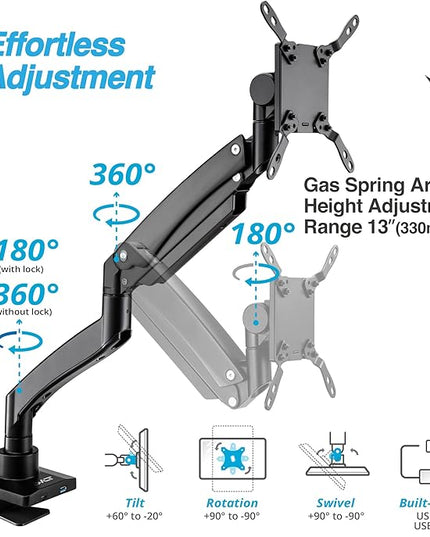 AVLT Single 17"-57" Super Ultrawide Monitor Arm for Screens Up to 59.5 lbs, Premium Aluminum Desk Stand, Adjustable Pneumatic Height, Full Motion Swivel Tilt Rotation, USB-C & USB-A Ports, Black