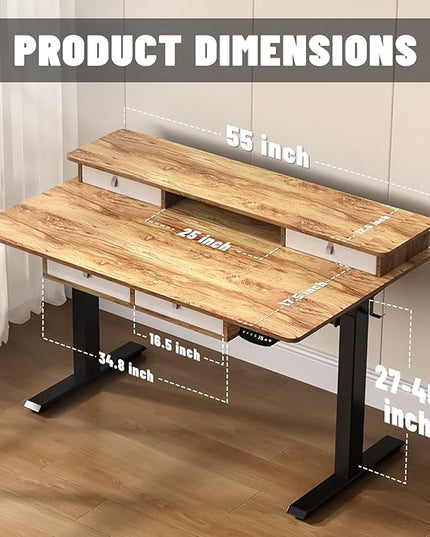 55 * 30 Inches Electric Standing Widened Desk Adjustable Height with 4 Drawers, Double Storage Shelves Stand Up Desk, Home Office Workstation Sit Stand up Desk (Light Rustic Brown)