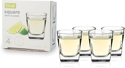 True Square Shot Glasses, Reusable Shot glasses, Perfect For Whiskey, Vodka, And Tequila, Party Shot Cups, Set Of 4, 1.5 oz.