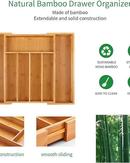 Utoplike Bamboo Cutlery Tray Silverware, Drawer Dividers for Kitchen Utensils, Flatware Tray Drawer Insert for knives, Gadgets and Garage Tools, Office Supplies