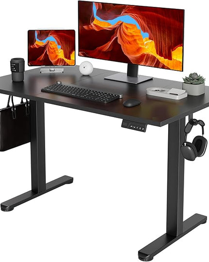 YDN Electric Standing Desk Adjustable Height, 48 x 24 Inches Stand up Desk with Cable Management, Home Office Desks with Splice Board & Black Frame, Black Top