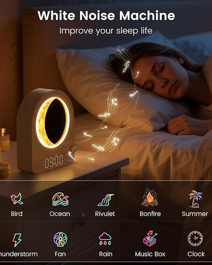 Sunrise Alarm Clock, White Noise Machine & Meteor Moonlight - 10 Soothing Sounds, Dual Alarms, 30/60/90min Timer, Easy Snooze - Bedroom Gift for Insomnia Adults/Women - Wood Grain