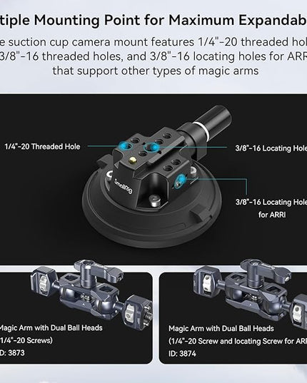 SMALLRIG 4" Camera Suction Mount with Ball Head Magic Arm, Car Mount for Lightweight Camera/Action Camera/Phone, Air Pump Vacuum Suction Cup, Max Load 3kg/6.6 Pound - 4236