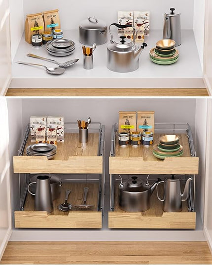Sikarou Pull Out Cabinet Organizer,Heavy-Duty Slide Out Shelf, Wood and Wire Basket, Pull Out Drawer for for Kitchen Under Sink Space, Pantry, Bathroom, 2 Tie 14 * 21 in