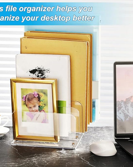 Chunful Acrylic Desk Organizer, 5 Section Desk File Holder Sorter Stand Rack Vertical Organizer Desktop Vinyl Storage Display for Record Album Book Magazine Document Home Office(Clear)