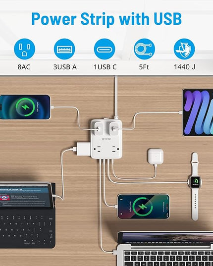 TROND Surge Protector Power Strip with USB, Ultra Thin Flat Plug 5ft Extension Cord 1625W, 3 USB A & 1 USB C, 8AC Outlets 1440J Surge Protection Wall Mount for Home Office Dorm Room Essentials, White