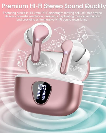 Wireless Earbuds, Bluetooth 5.4 Headphones HiFi Stereo, Bluetooth Earbuds with ENC Noise Cancelling Mic, IP7 Waterproof in Ear Earphones, 48H, LED Display Ear buds for Pad Workout Sports, Rose Gold