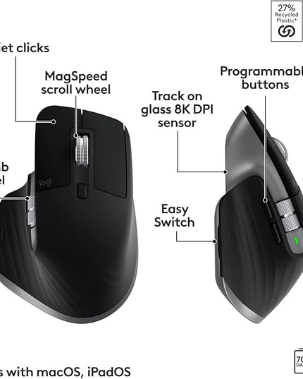 Logitech MX Keys S Combo for Mac, Wireless Keyboard and Mouse with Palm Rest, Backlit Keyboard, Fast Scroll Wireless Mouse, Bluetooth USB C for MacBook Pro, MacBook Air, iMac, iPad - Space Grey