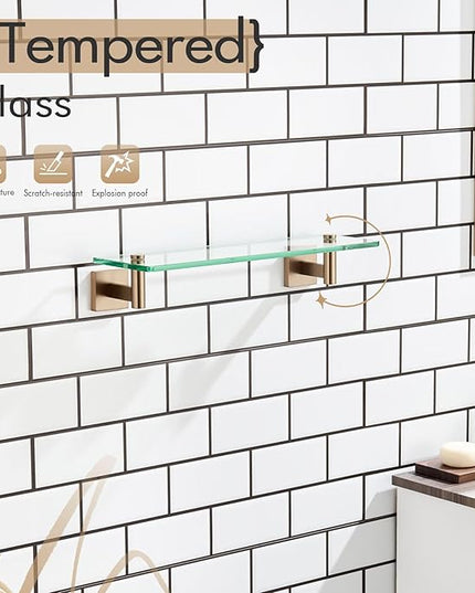 KOKOSIRI Wall Shelves Bathroom Hardware Glass Floating Shelf 16-Inch for Bedroom, Living Room, Kitchen, Hanging Rack Champagne Bronze B1105CPG-L16