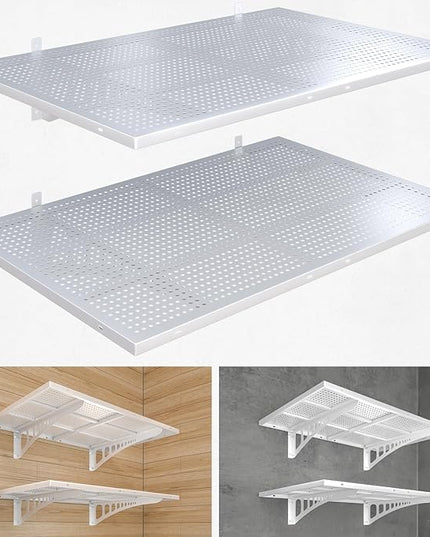 2-Pack 2x3ft Heavy Duty Garag e Wall Shelving, 500 lbs Load Capacity, Garage Shelving Wall Mounted, Garage Storage Rack with Hooks, White