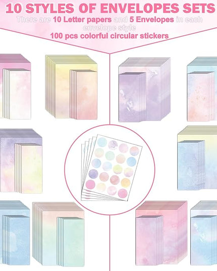 EggSun 250Pcs Watercolor Stationery Paper and Envelope Set with 100 Letterhead Papers and 50 Envelopes, 10 Design for Letter Writing Invitations Computer Holidays Party Notes, 8.5x11 Inch-Aesthetic
