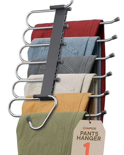 Space Saving Pants Hangers 1 Pack, 6 Layer Jeans Hangers and Closet Organizer for Jeans, Scarves, & Skirts, Multi-Layer Hanger with Anti-Slip Stopper, Heavy-Duty S-Type Stainless Steel, Gray
