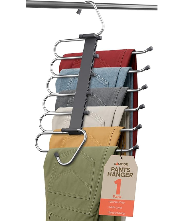 Space Saving Pants Hangers 1 Pack, 6 Layer Jeans Hangers and Closet Organizer for Jeans, Scarves, & Skirts, Multi-Layer Hanger with Anti-Slip Stopper, Heavy-Duty S-Type Stainless Steel, Gray