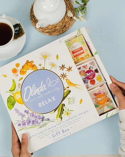 Olinda Relax Tea Sampler Herbal Gift Box 45 Count Assorted Wellness Tea Set 9 Calming Herbal Tea Bags Thoughtful Variety Pack for Stress Relief & Sleep Caffeine Free Birthday Gift for Women