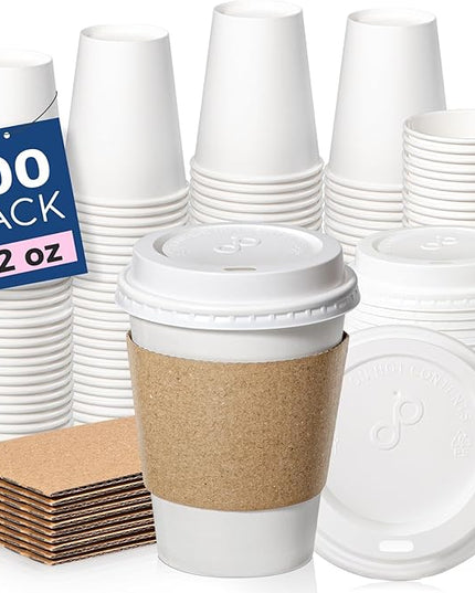 Fit Meal Prep 100 Pack 12 oz Disposable Coffee Cups with Lids, Sleeves, Leak-Proof To Go Coffee Cups with Lids, Durable Hot Paper Cups for Hot Cocoa and Coffee Bar Supplies