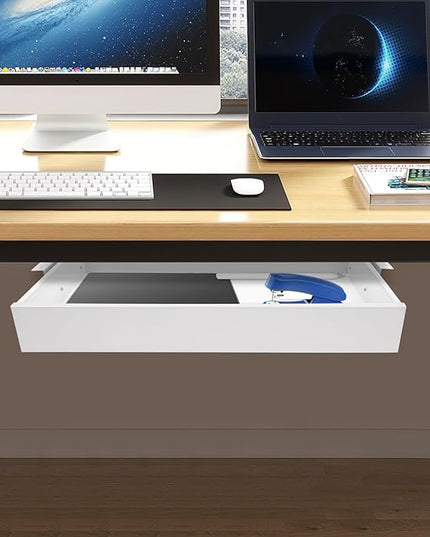 LEYSRIS 21.6" Under Desk Storage Drawer, White Sliding Pull-Out Drawer for Sit Stand Workstation
