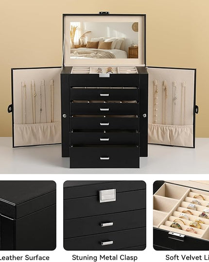 Frebeauty Large Jewelry Box,6-Tier PU Leather Jewelry Organizer,Multi-functional Storage Case with Mirror,Accessories Holder with 5 Drawers for Necklace Bracelets Watches(Black)