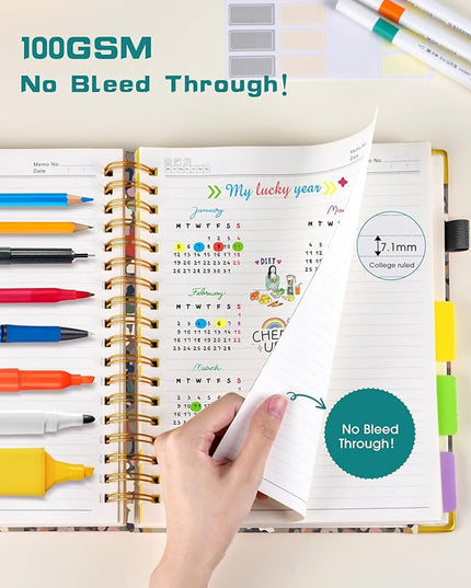Hardcover Spiral Notebook journal with Removable Dividers Tabs, 300 Pages Leather 5 Subject Notebook College Ruled, 100GMS Notebooks for Work School Note taking,Lined Journal for Women,A5-Flower