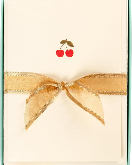Graphique Cherries Cards, Pack of 10 Cards with Envelopes, All Occasion Greetings, Blank Inside, Gold Foil Embossing, La Petite Press Collection Boxed Set, 3.25" x 4.75"