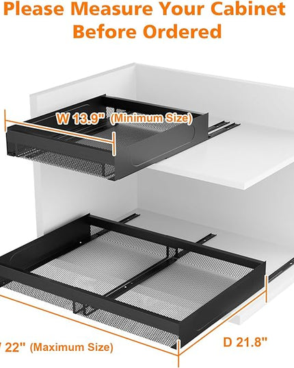 Hisencn Pull Out Cabinet Organizer, Expandable Width 13.9"-22", 21.8" Deep Heavy Duty Slide Out Drawer for Kitchen Cabinets, No Drill Roll Out Shelves with Adhesive Nano Film (Black)