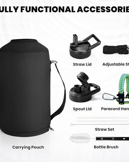 One Gallon Water Bottle Insulated, Triple Walled Vacuum Stainless Steel (Cold for 48 Hrs), Leak Proof & Non-BPA, Large Water Flask Jug with Paracord Handle & Straw Spout Lids
