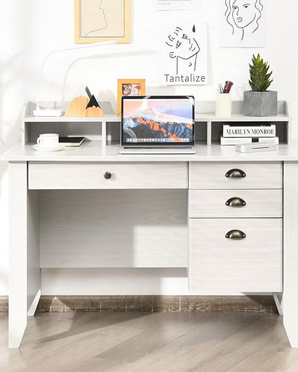 Tangkula White Desk with 4 Storage Drawers & Hutch, Home Office Computer Vintage Desk, Writing Study Table with Storage Shelves, Wooden Executive Desk (White)