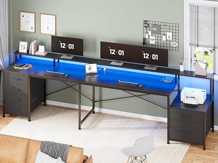 SEDETA L Shaped Desk with 6 Drawer, 108" Home Office Desk with File Drawer & Power Outlet, Corner Computer Desk with Monitor Shelf, File Cabinet, Two Person Desk, Gaming Desk with Led Lights, Black