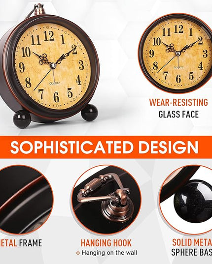 RODH Battery Alarm Clock,Night Light,Vintage Hangable Super Silent Non Ticking Analog Table Clock for Bedroom Bedside, Desk,Shelf