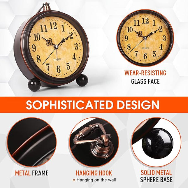 RODH Battery Alarm Clock,Night Light,Vintage Hangable Super Silent Non Ticking Analog Table Clock for Bedroom Bedside, Desk,Shelf