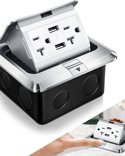 Hoolerry 1 Pack Pop up Floor Electrical Outlet Cover Box Kit with 4.8A USB Charger 20Amp Waterproof Weatherproof Floor Tamper Resistant Outlet Receptacle for Countertop Home (Silver)