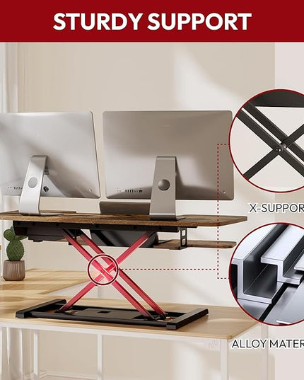 SANODESK Standing Desk Converter with Electric Motor 42" Height Adjustable Riser for Office Home,Dual Monitor and Laptop Workstation with Large Keyboard Tray, Rustic Color