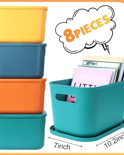 Hoolerry 8 Pieces Colorful Storage Bins with Lid, Plastic Storage Basket Organizing Container Stackable Box with Handle for Shelves Desktop Playroom Office(10.2 x 7 x 6.3 Inch,Multi-colored)