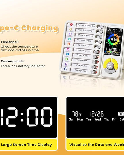 5 IN 1 Visual Timer for Kids/Adults with Chore Chart, ADHD Tools 12/24H Silent Task Timer and Pomodoro Timer, ADHD & Autism Sensory Products, Visual Schedule for Kids Back to School Supplies Off-white