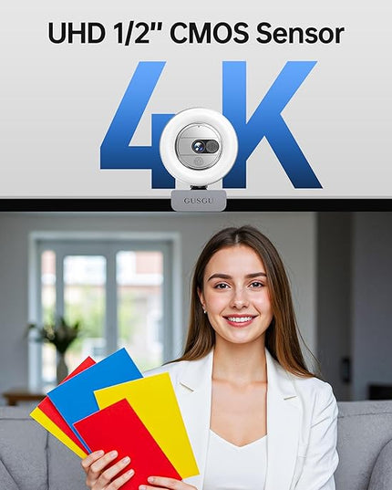 GUSGU G910 Pro 4K Ultra HD Webcam for PC, Auto Focus, with Microphone & Light & Privacy Cover, Web Camera for Desktop Computer/Laptop/MacBook, USB Streaming Camera