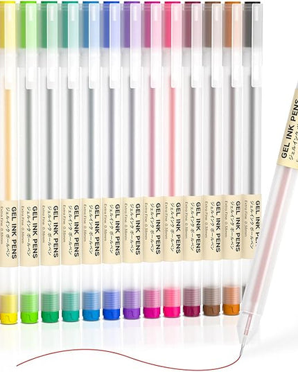Shuttle Art Gel Ink Ball Point Pens, 15 Colors Japanese Style Pens, 0.38mm Extra-Fine Ballpoint Pens for Home, School and Office