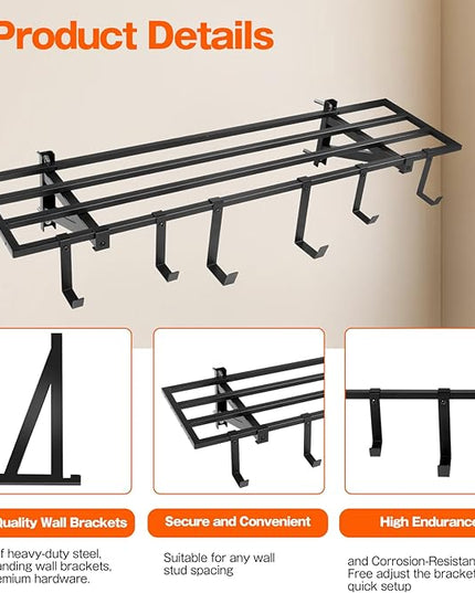 Garage Wall Shelving, 1X4 ft Garage Storage Rack,Heavy Duty Wall Mounted Storage Shelf With 12 Hooks-Each Loads 200lbs Metal Wall Shelf,Black,2Pack