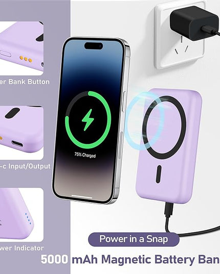 3 in 1 Wireless Charging Station: 5000mAh Removable Power Bank Charger Stand for Phone/Watch/Air Pods - Portable Magnetic Battery Pack for Air 17 16 15 14 13 12 Series Purple