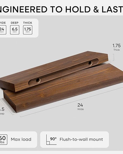 Homeforia Classic Walnut 24 inch Floating Shelf, High End Solid Real Wood Small 24inch Floating Shelves for Wall Mounted, 24in Floating Shelves, Heavy Duty Bracket, 24 X 6.5 X 1.75 inches, Set of 3
